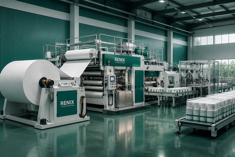 Tissue paper converting machines for rewinding, folding, cutting and packing